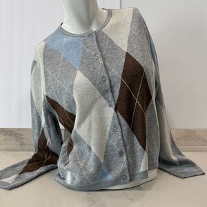 CeCe Argyle Cardigan in Gray, Blue, and Brown